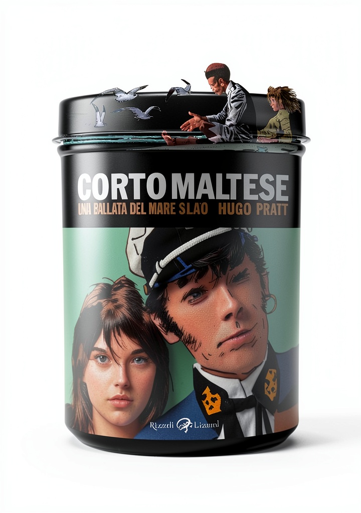 Corto Maltese Graphic Novel by Hugo Pratt - Italian Edition opened on a wooden desk, showing detailed black‑and‑white illustrations
