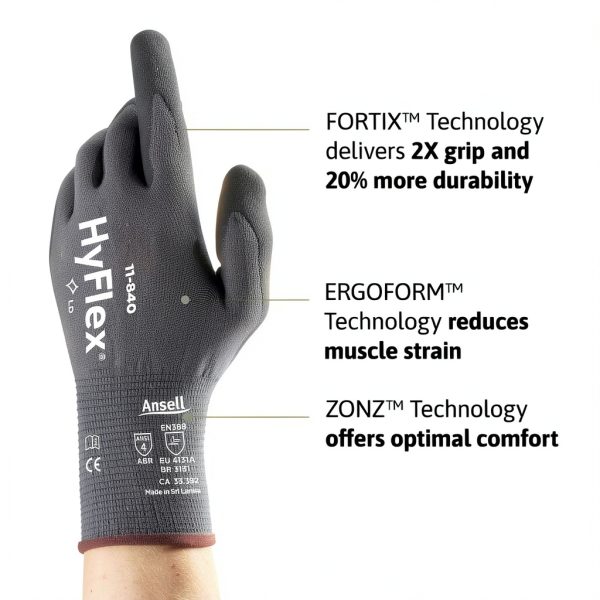 HyFlex 11-840 Ergonomic Nitrile Foam Gloves Ansell Black Size 9-1