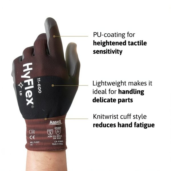 Ansell HyFlex 11-600 PU Palm Coated Gloves Black Size 8 – 12 Pairs-1